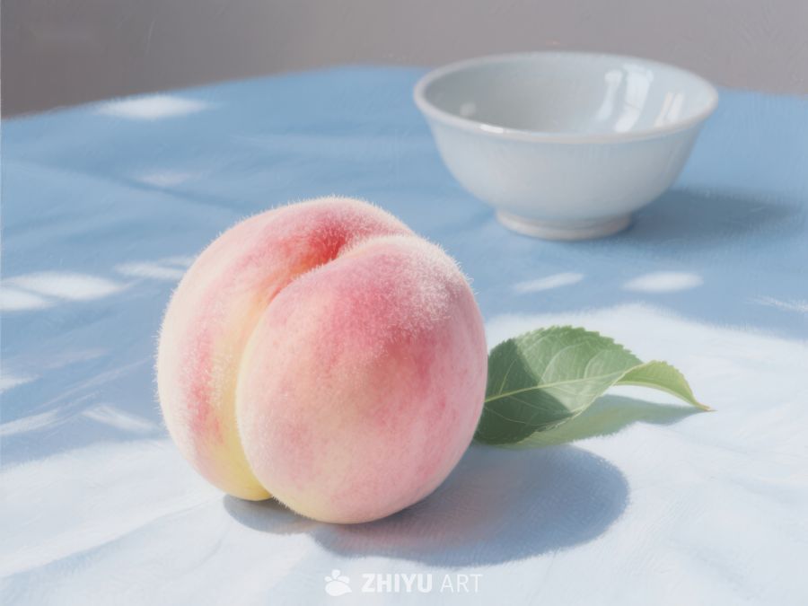 新鲜桃子与绿叶置于蓝色桌布上 634