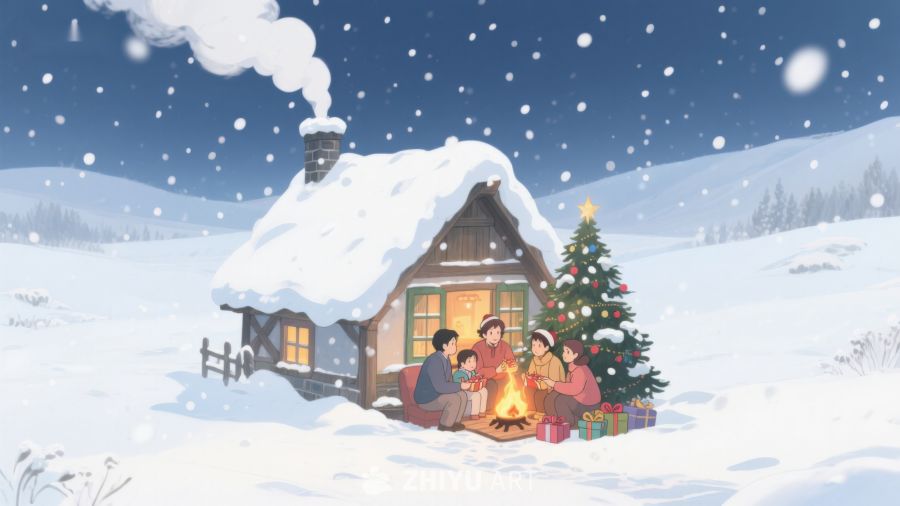雪夜小屋前的温馨圣诞聚会 334