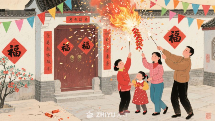 家庭欢庆春节，燃放鞭炮迎新年 494