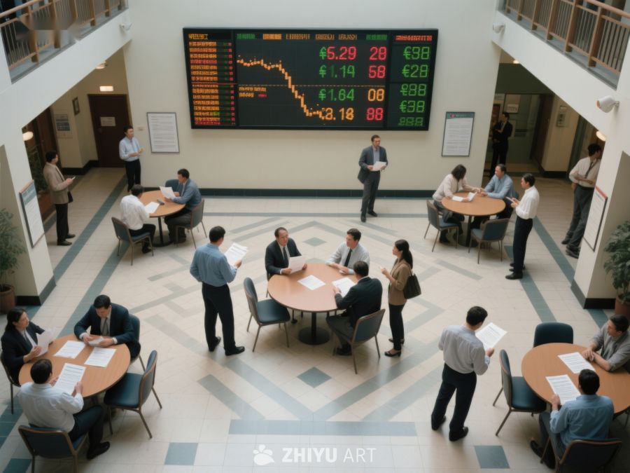 商务人士在大厅讨论股票行情 344