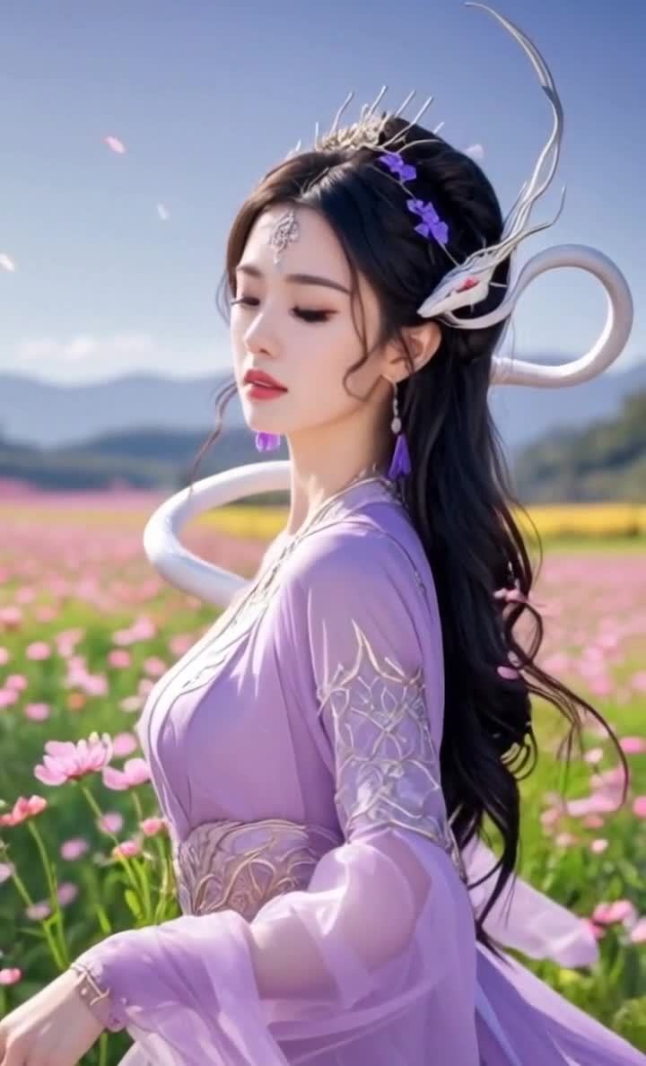 一位长发女子站在一片开满粉色花朵的田野里。她穿着一