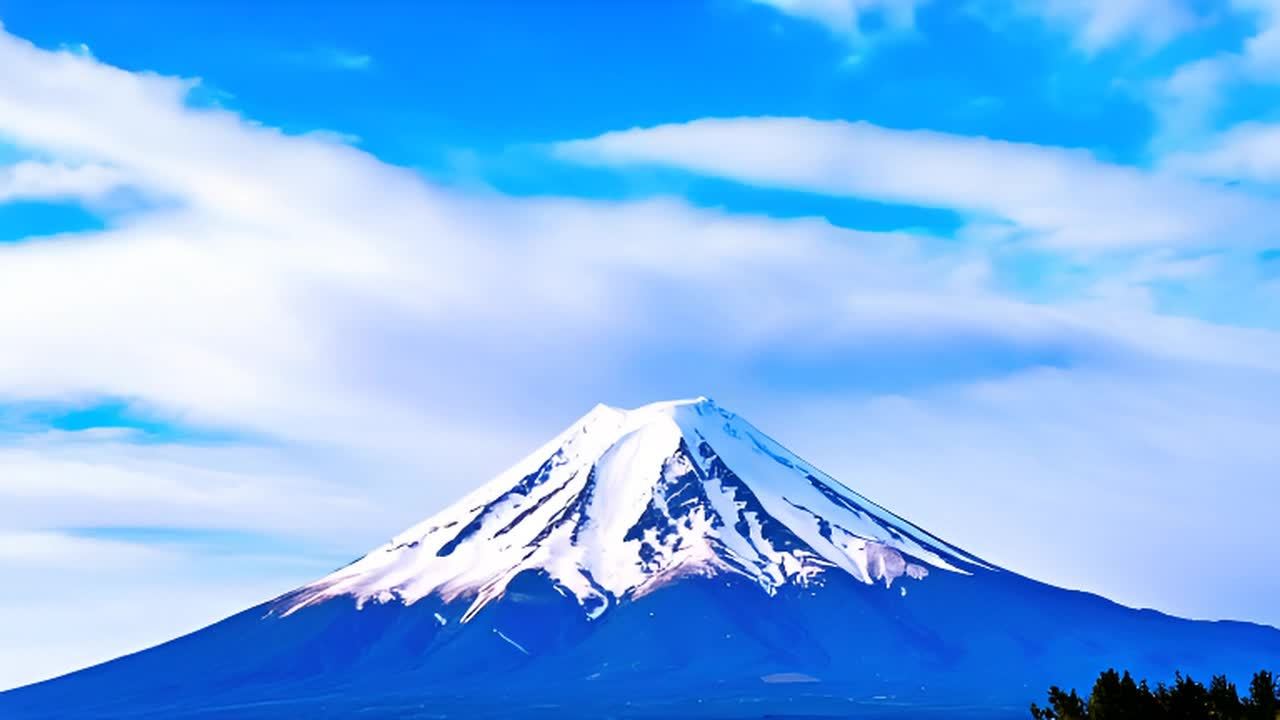 富士山位于画面中心，山顶覆盖着白雪。蓝色的天空中有