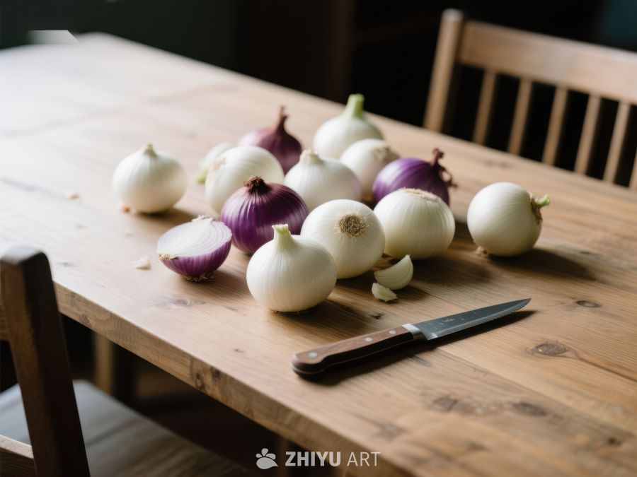 木桌上摆放的洋葱与小刀 262