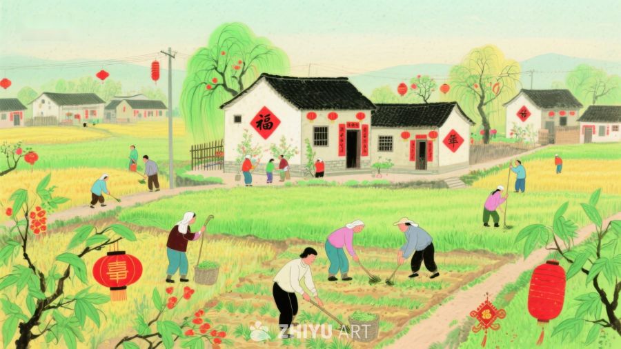乡村农耕图：村民劳作与田园风光 947