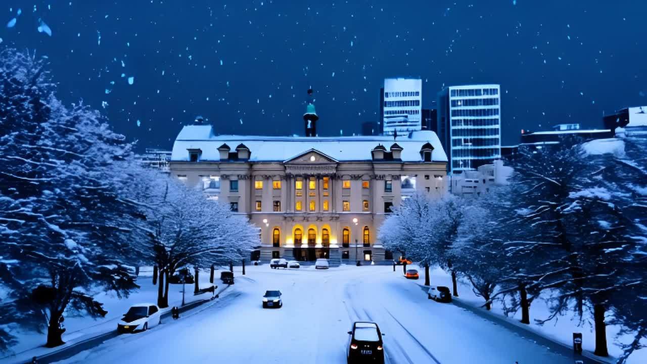 夜晚，雪花飘落，一条宽阔的街道延伸开来，街道一侧排