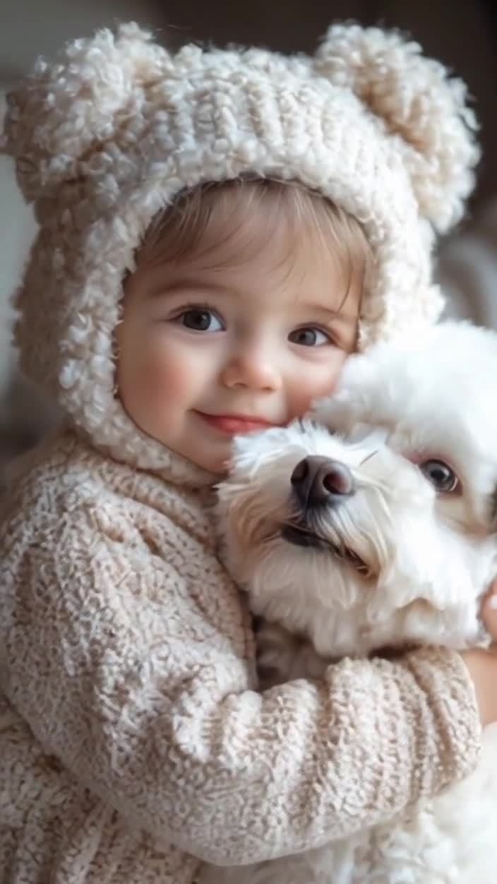 戴毛帽的小女孩和比熊犬亲昵互动写真