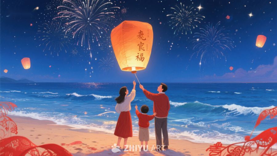 海边夜景，家人共放孔明灯 25