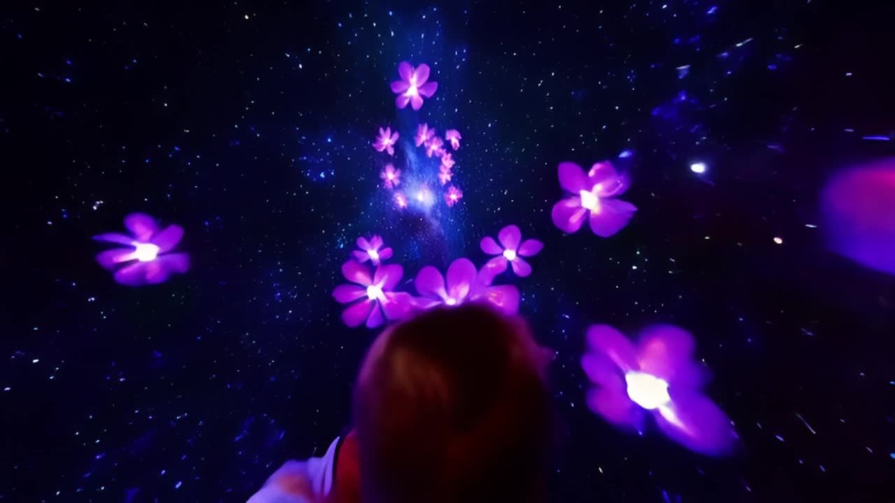 一个孩子的后脑勺对着镜头，背景是深色的星空，星空中