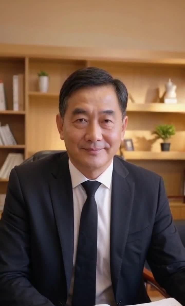 办公室中的中国中年男士，西装革履面带微笑。