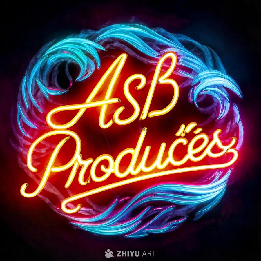霓虹灯标志设计，上面用优雅的花体字写着“ASB P