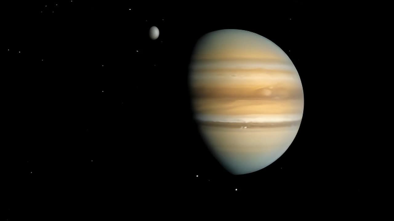这幅图像展示了一颗气态巨行星及其卫星。气态巨行星是