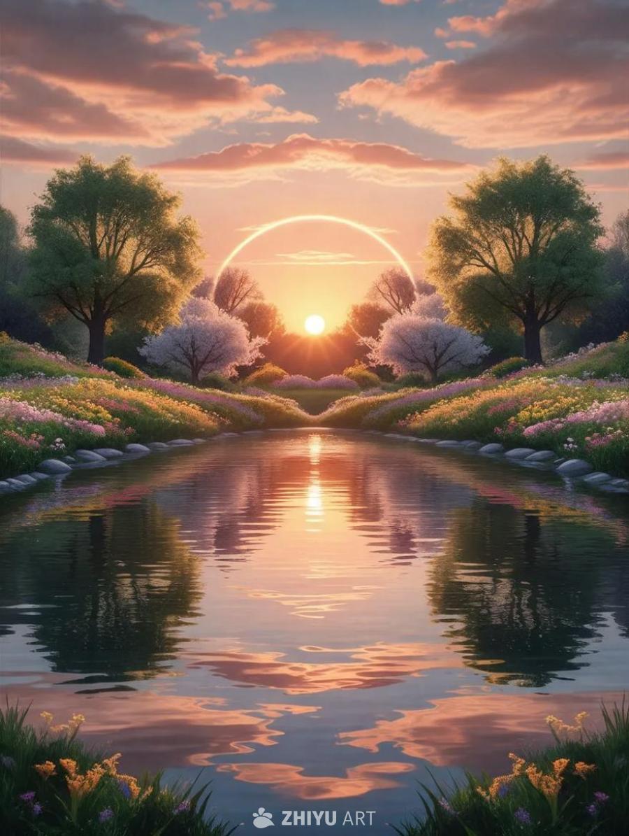 三月的对称风景，沐浴在柔和的夕阳中。画面展示了盛开