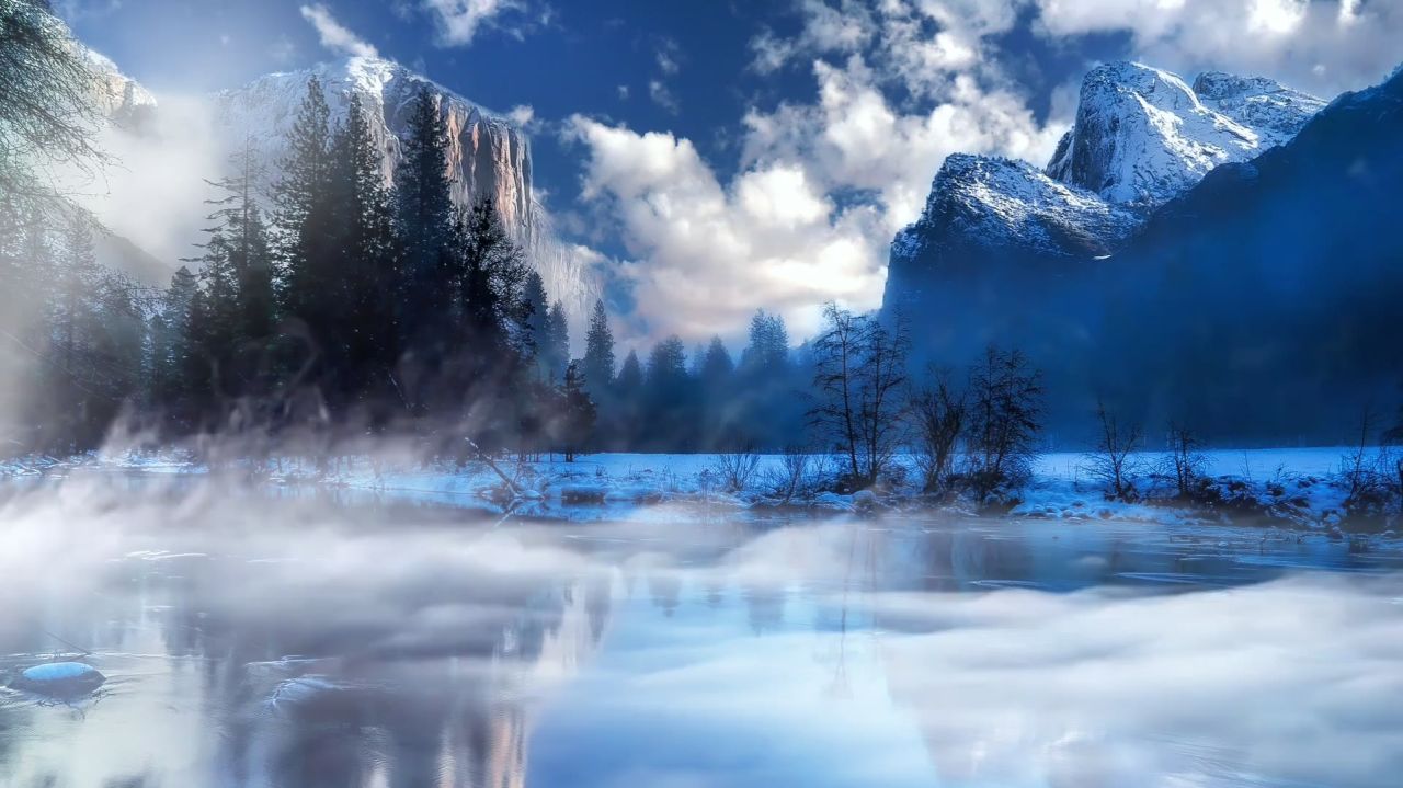自然寒冬雾景观山冷河天空雪冰