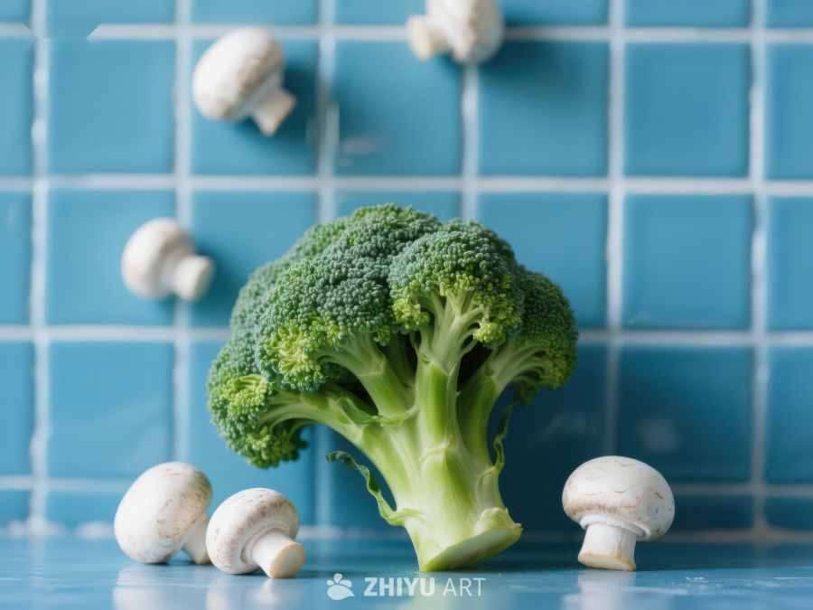 新鲜西兰花与蘑菇的静物组合 337