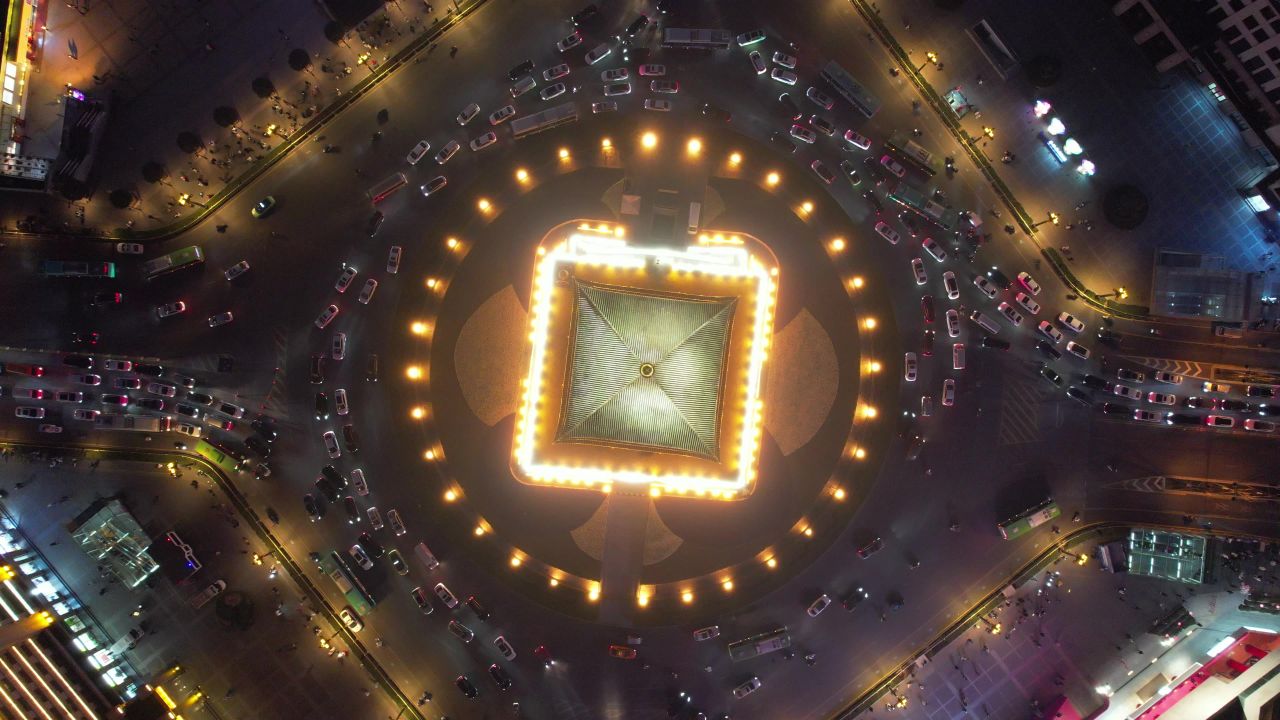 陕西西安钟楼夜景航拍