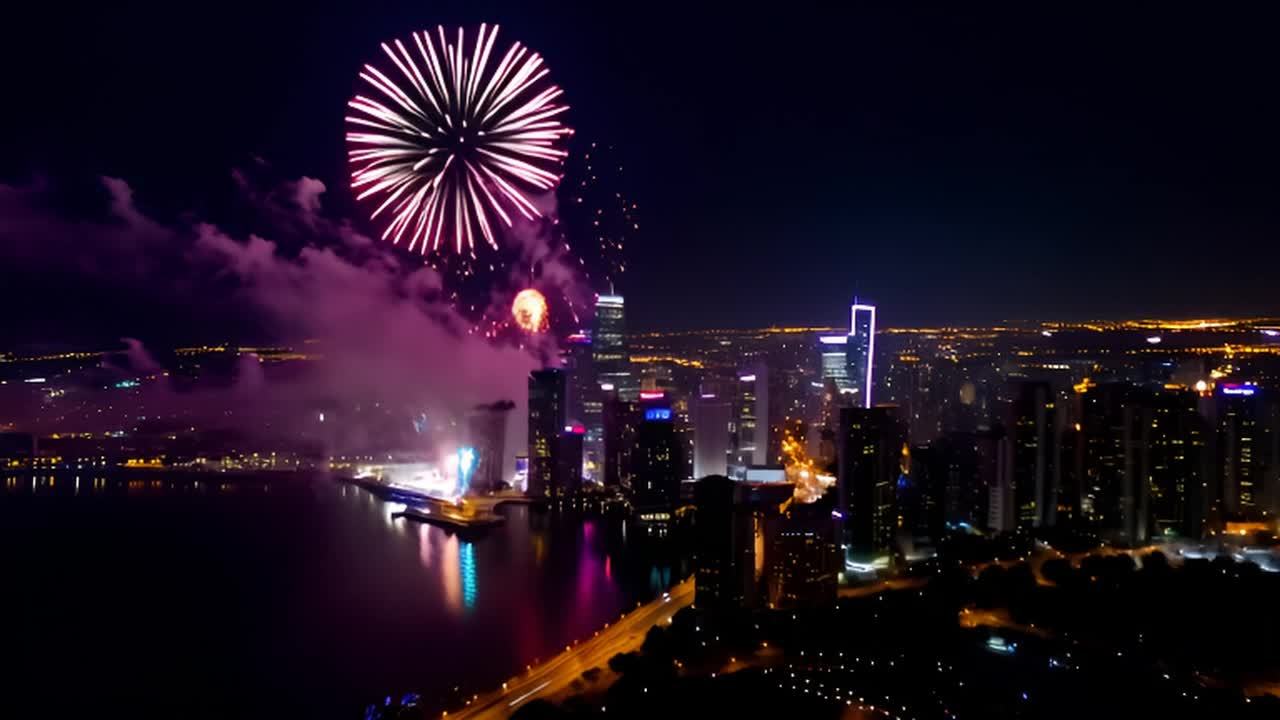 夜空中，两朵红色烟花绽放，下方是灯火辉煌的城市夜景