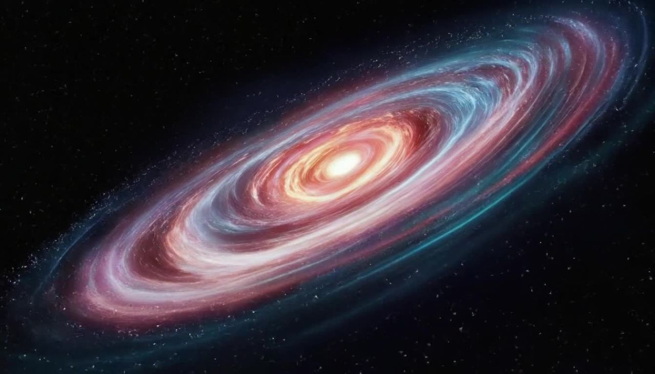 深邃的黑色背景中，一个椭圆形的星系呈现出红色、白色