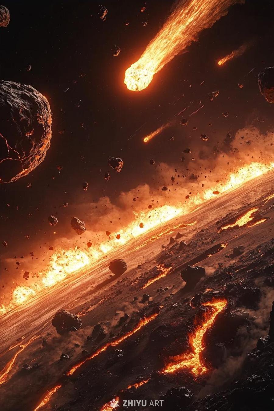 广阔而充满火焰的区域，大量的熔融行星体发生碰撞，形