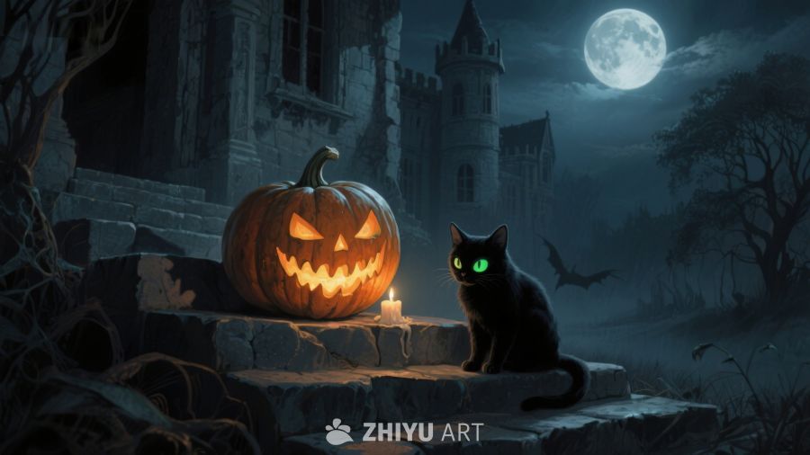 月夜古堡前的南瓜灯与黑猫