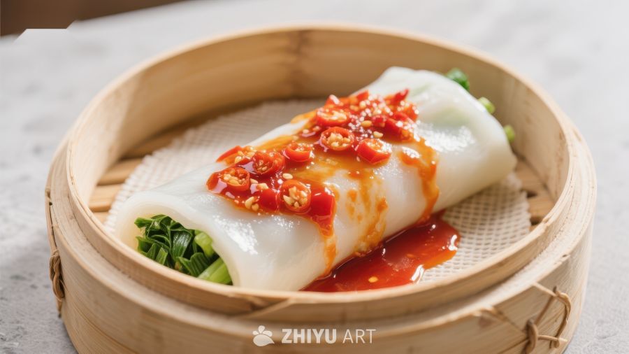 肠粉配辣椒酱，蒸笼中呈现