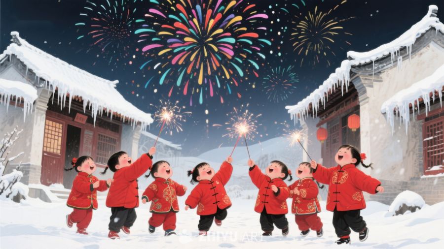 孩童雪中放烟花，欢庆节日 287
