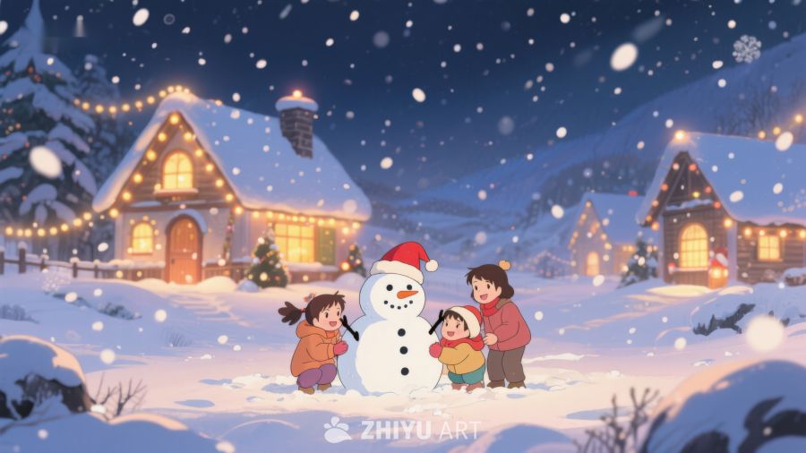 冬夜温馨雪景，家人共筑雪人 93