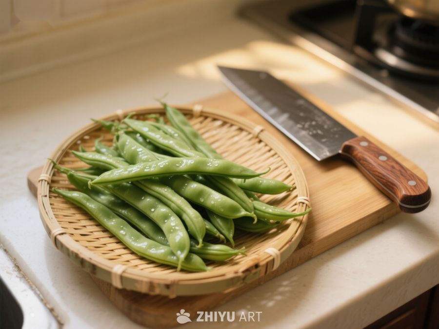 新鲜豆荚与刀具置于竹篮中 424