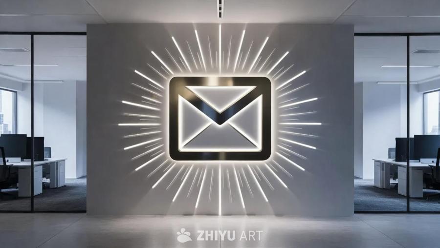 一个发光的邮件标志位于现代简约办公室的墙上。标志周