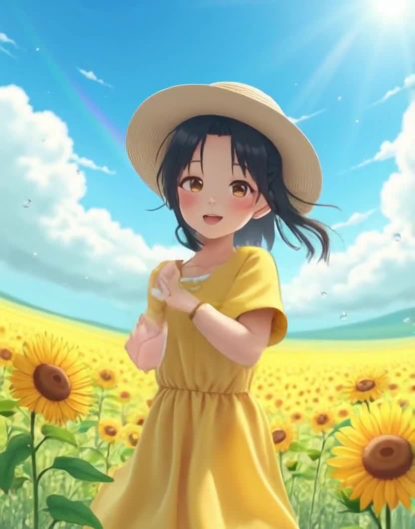 阳光下戴草帽女孩在向日葵花田中张开双臂
