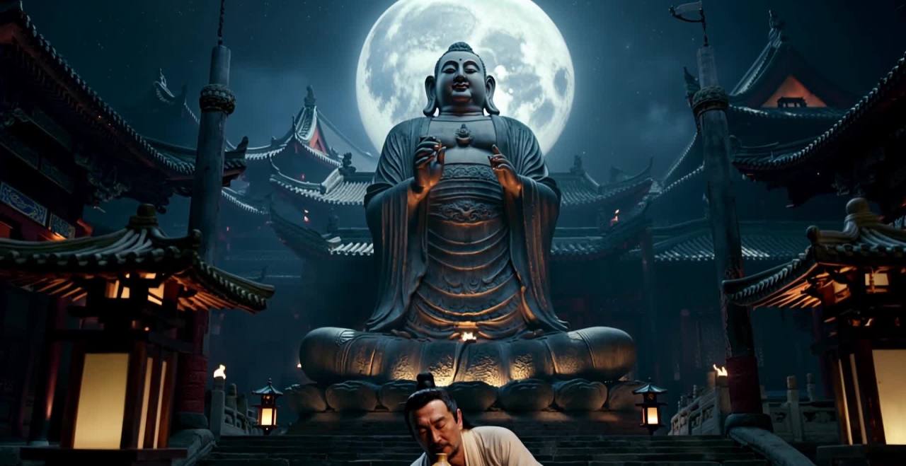 夜晚，一座中国古代寺庙里，一尊巨大的观音菩萨像坐落