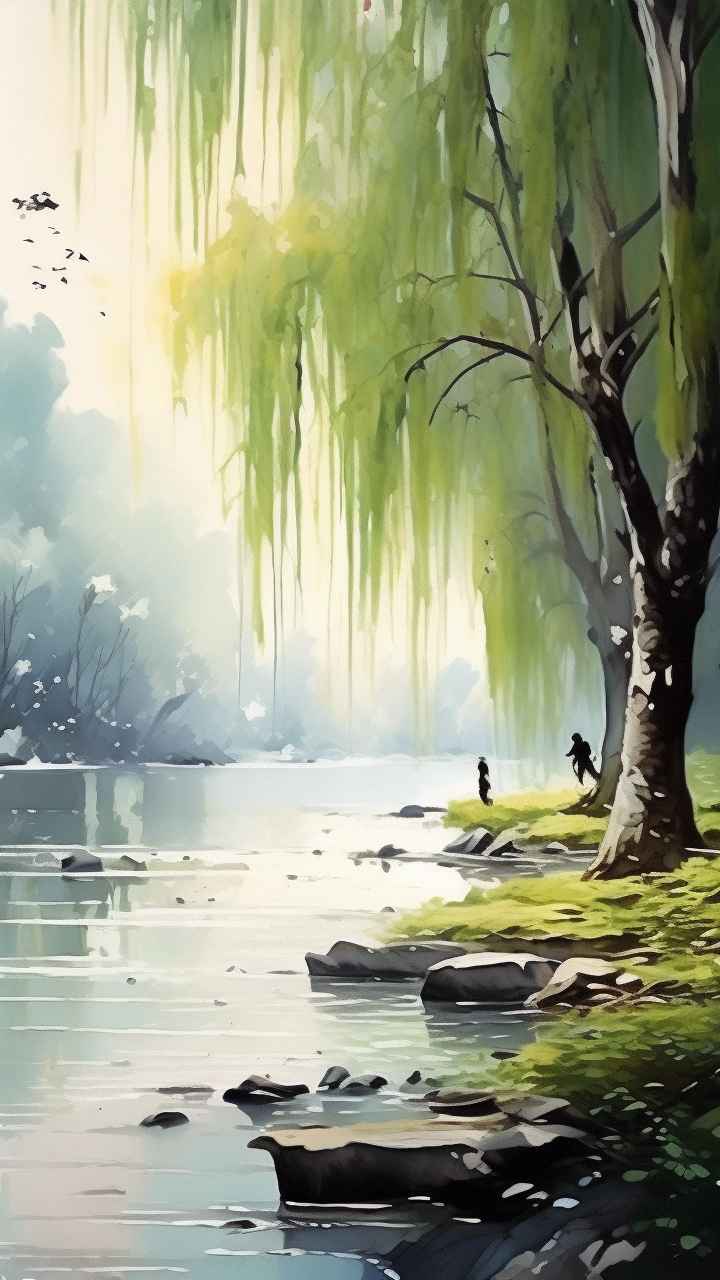 河边柳树插画风景图 23