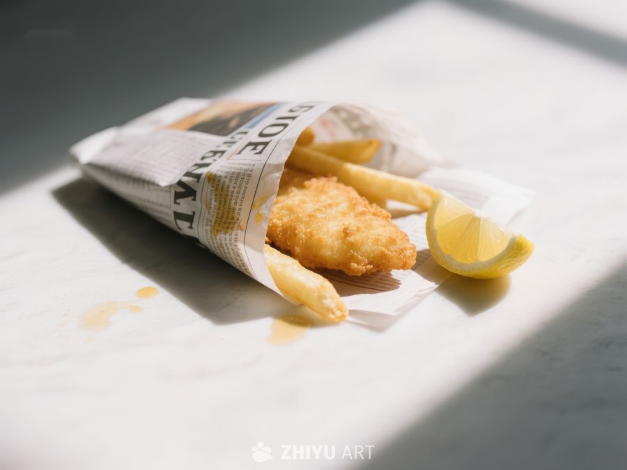 纸包鱼薯配柠檬