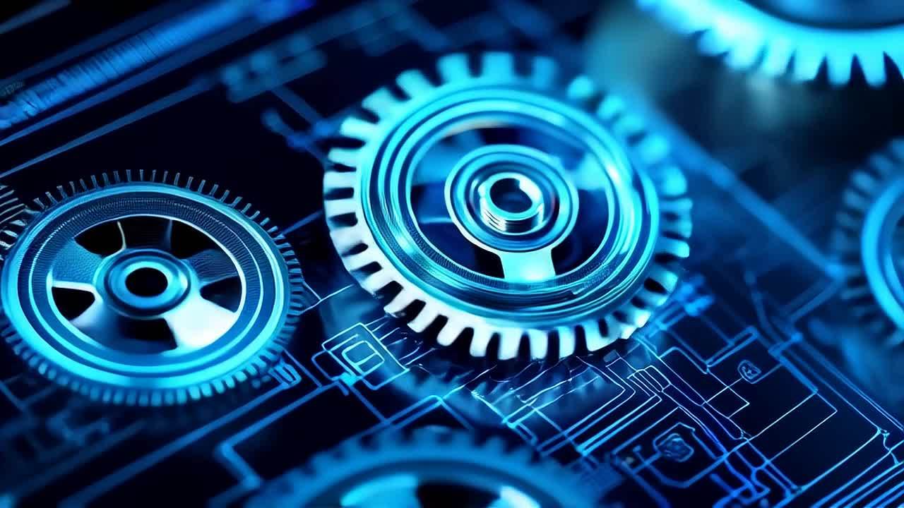 齿轮在发光的CAD蓝图上方旋转，齿相互啮合。镜头移