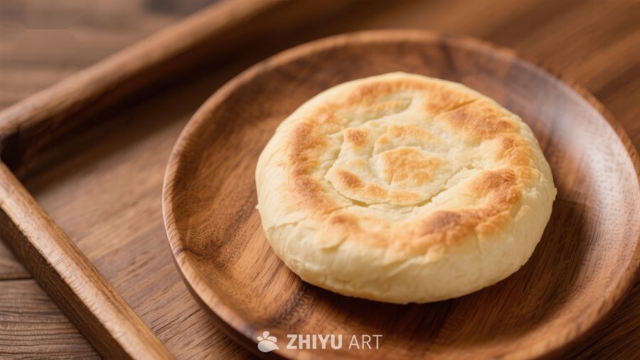 金黄酥饼置于木质盘中