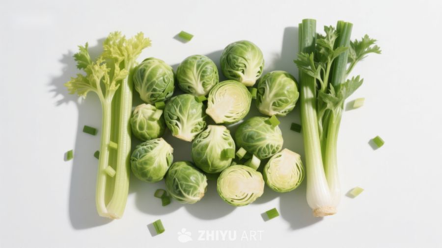 西兰花与芹菜的静物摆拍