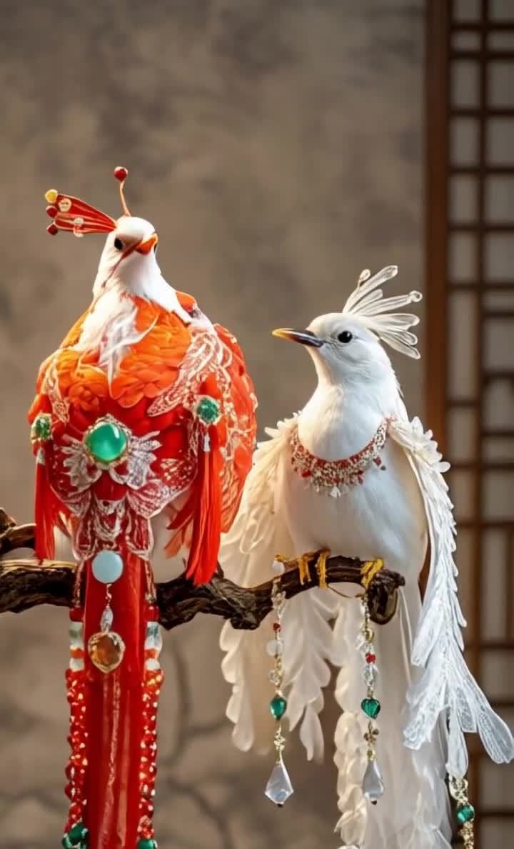 两只色彩鲜艳的鸟类装饰品栖息在树枝上。其中一只鸟羽
