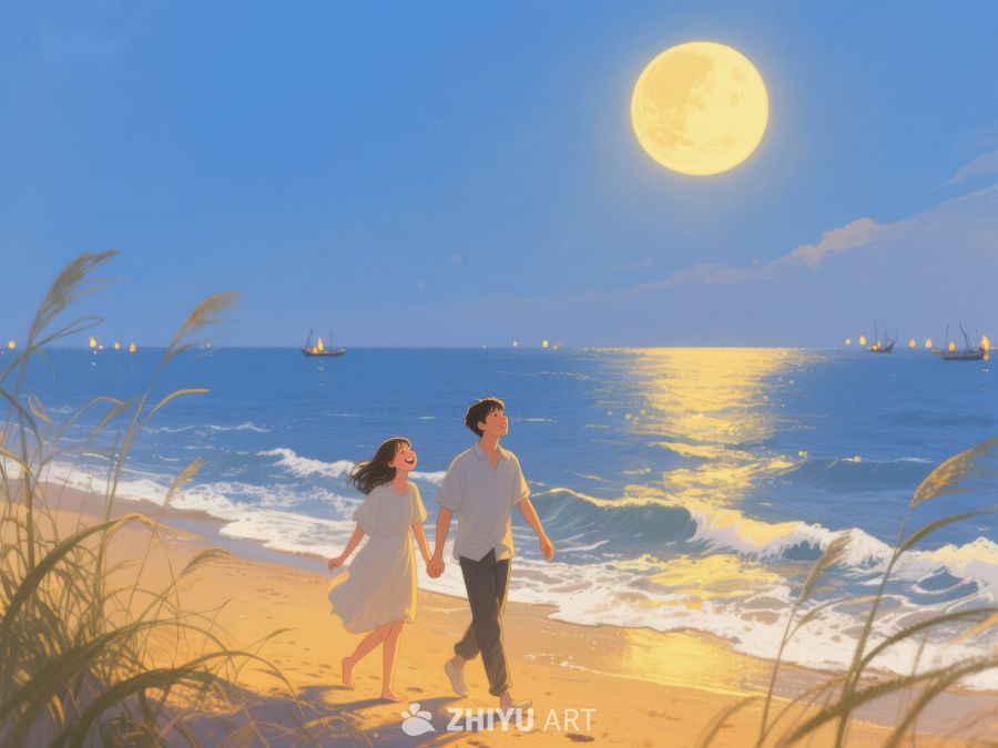 月下海滩漫步的情侣 1210