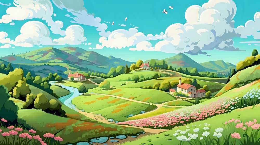 插画田园风光小草小花