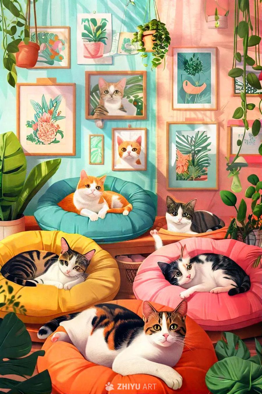 几只猫咪慵懒地躺在不同的猫床上。墙壁上挂着色彩鲜艳
