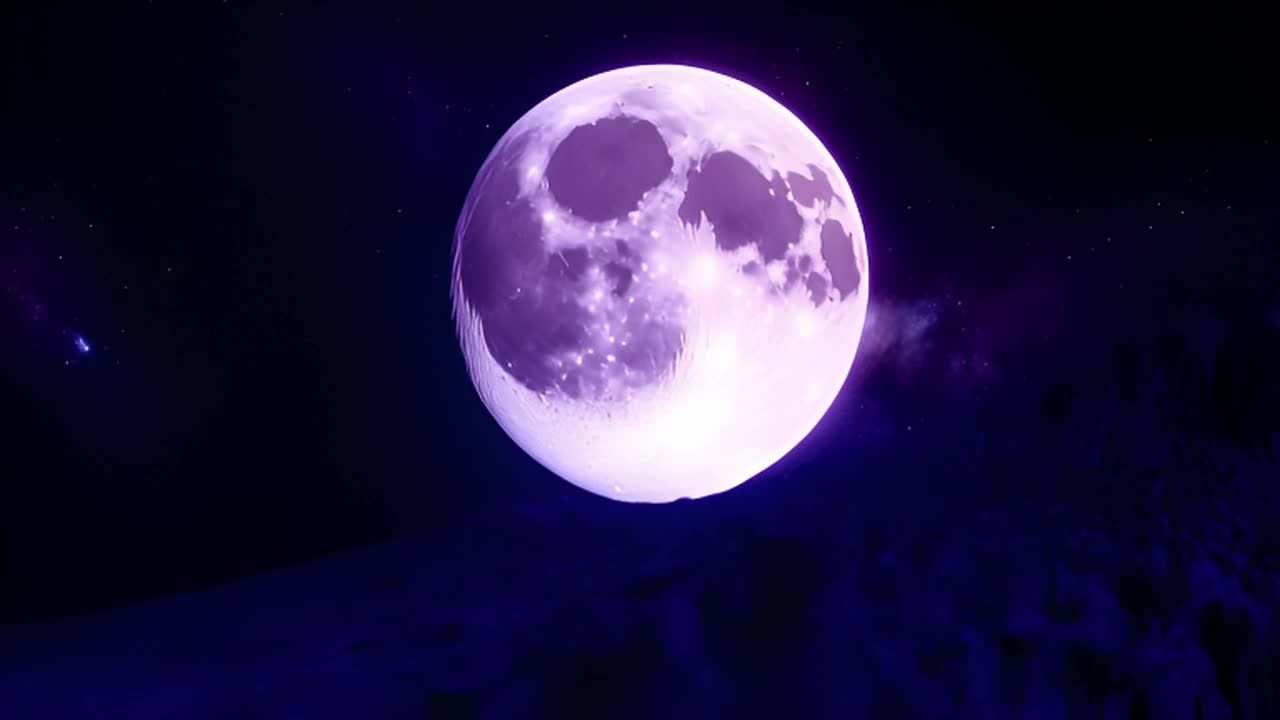 一个宇宙空间场景，背景中有一轮发光的月亮。镜头缓慢
