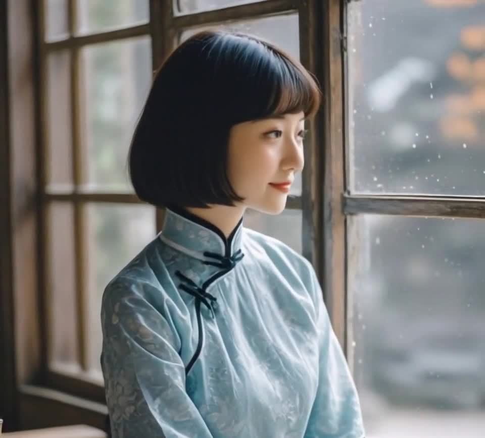 一位身穿浅蓝色旗袍的年轻女性，短发齐耳，侧身对着一