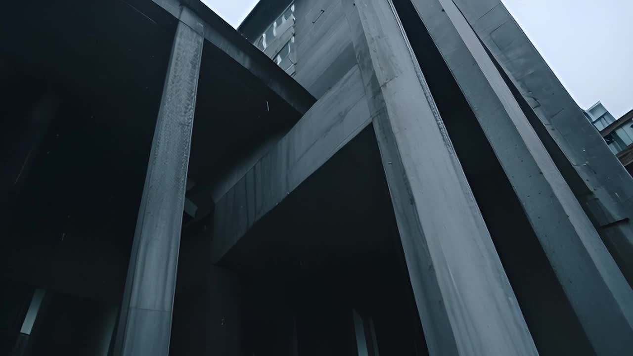 灰色的粗野主义建筑在阴雨天呈现。巨大的建筑结构具有