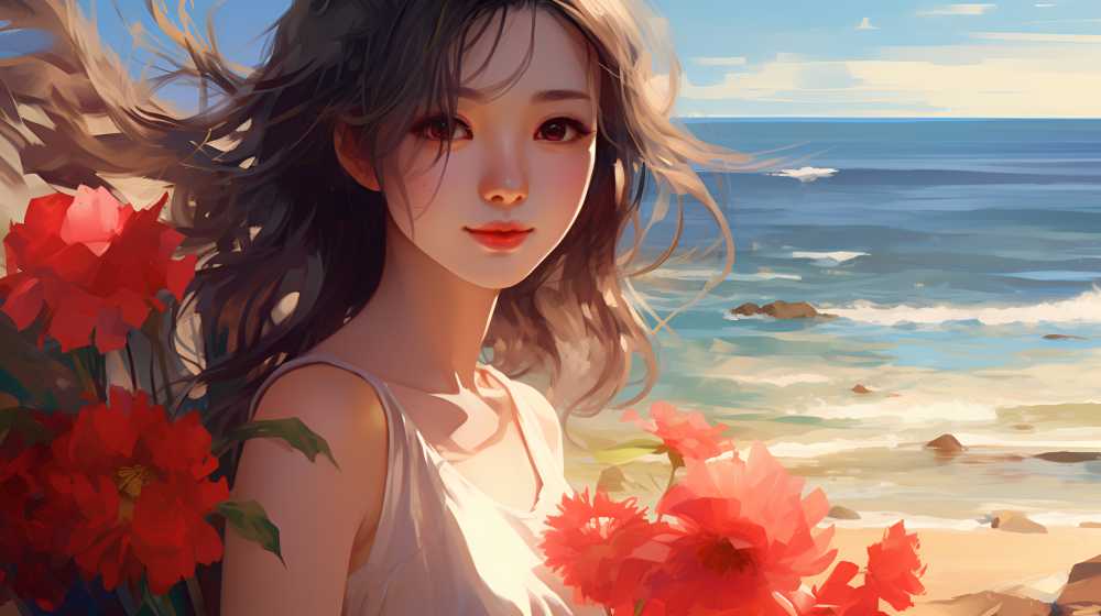 手拿花花的插画美女