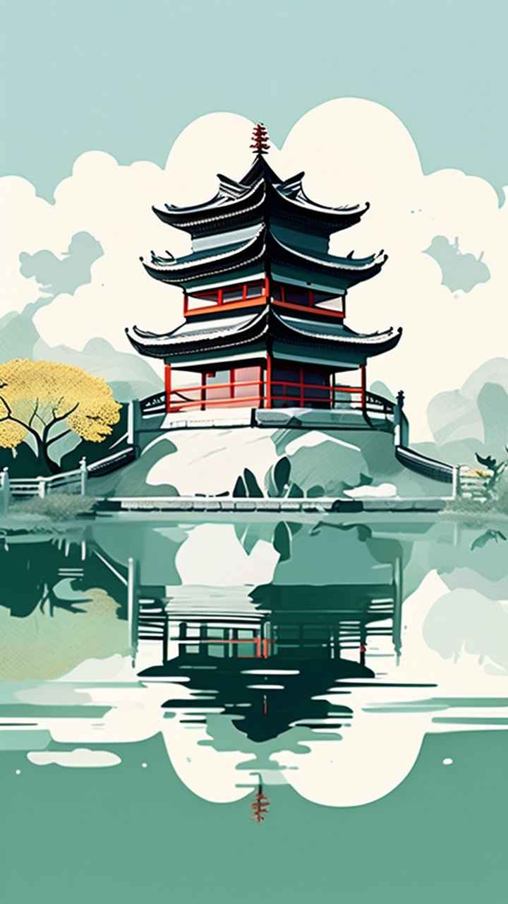 中国画园林植物水亭子插画 11