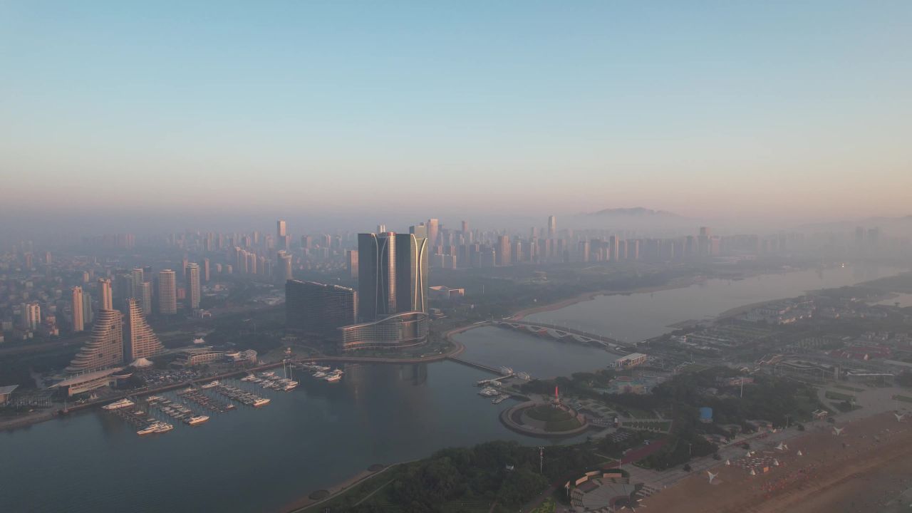 山东日照城市清晨高楼建筑航拍 