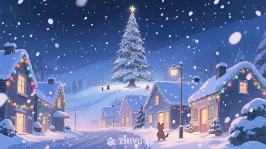 雪夜小镇与圣诞树 440
