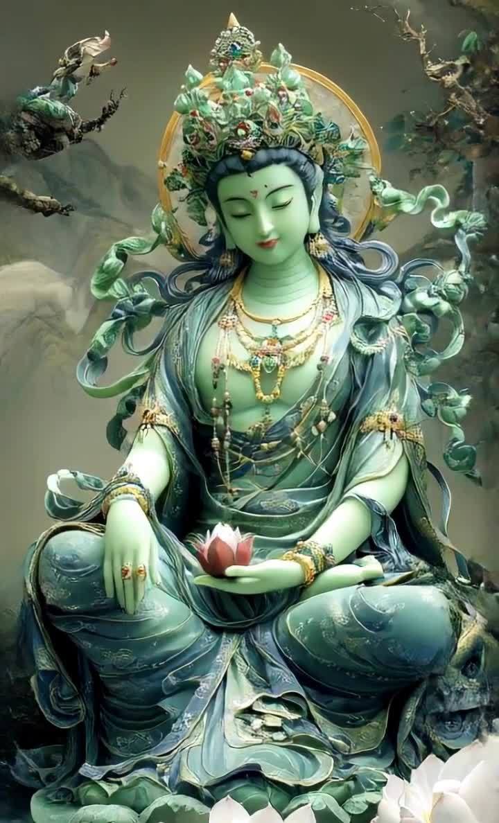一位身穿蓝绿色长袍的女性雕像，双手交叉放在膝盖上，