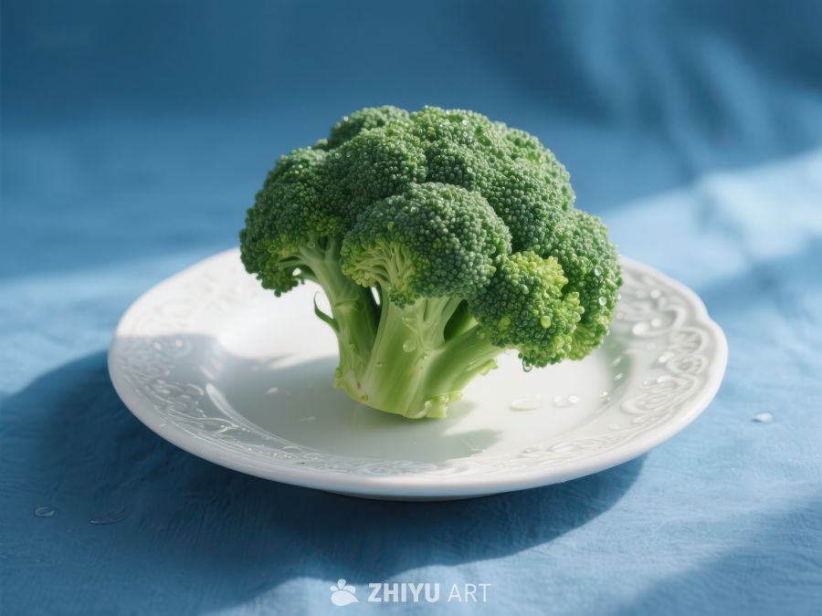新鲜西兰花置于白色盘中 744