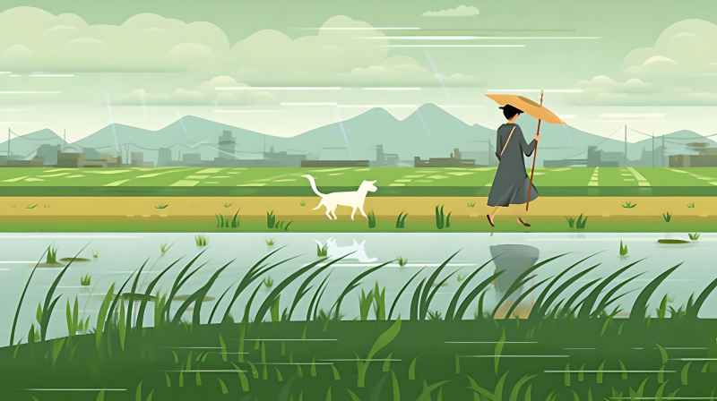 妇女站在稻田与狗，绿色插画风格 6