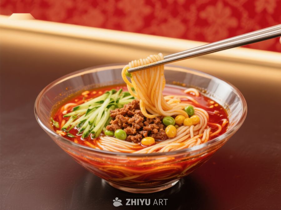 红油拌面，筷子挑起面条特写 329